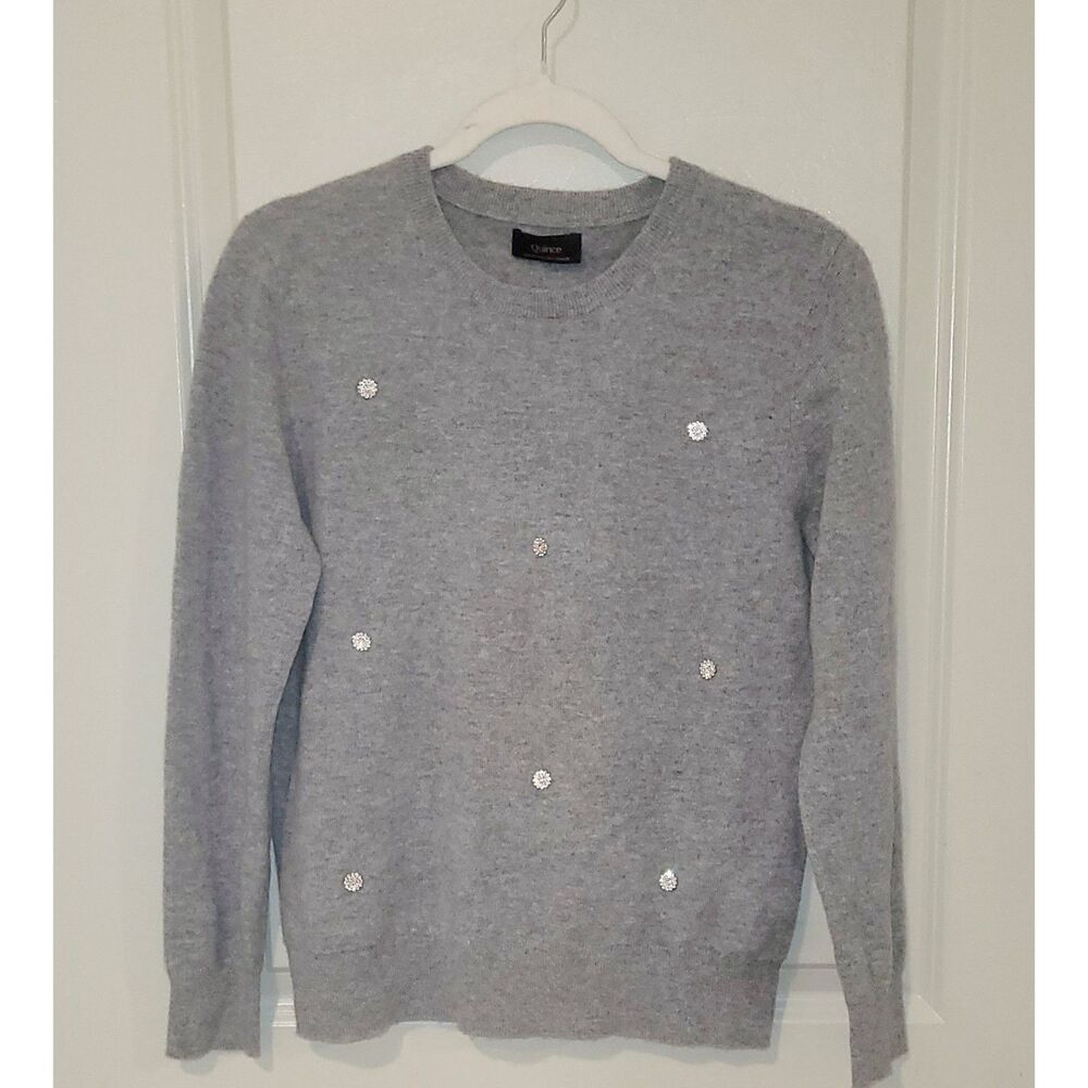 Quince 100% Mongolian Cashmere Gray Crewneck Sweater Rhinestones M